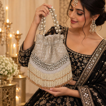 White Pearl Fringe Bridal Potli
