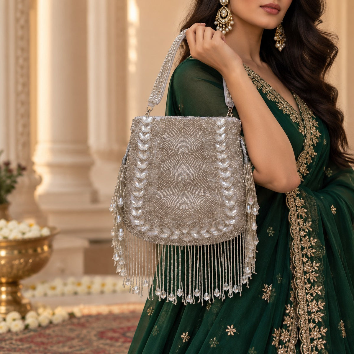 Silver Crystal Bridal Potli