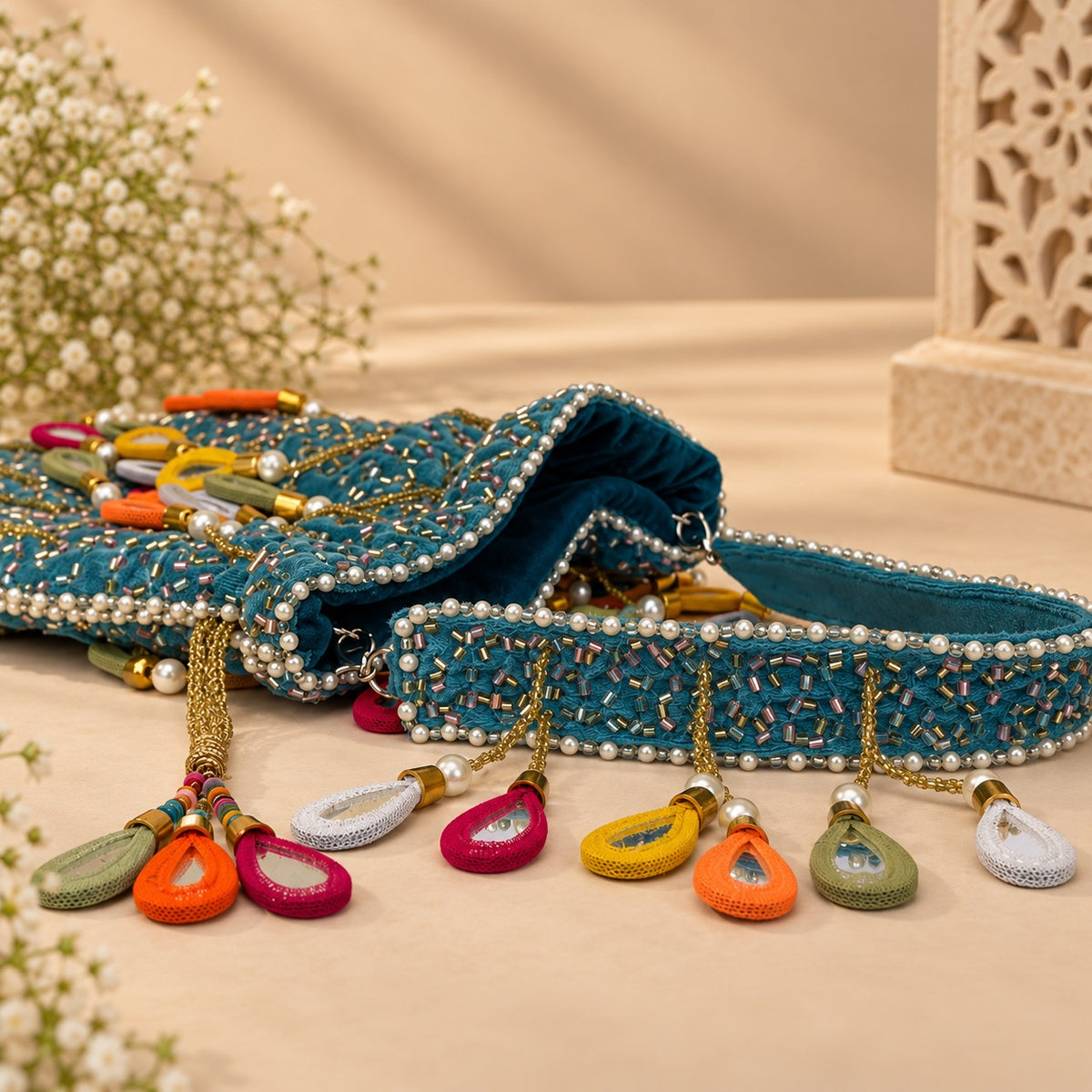 Ornate Blue Mirror work Potli