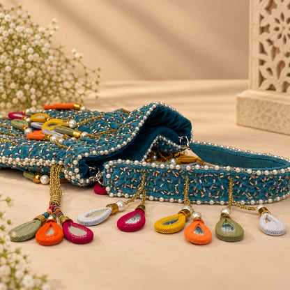Ornate Blue Mirror work Potli