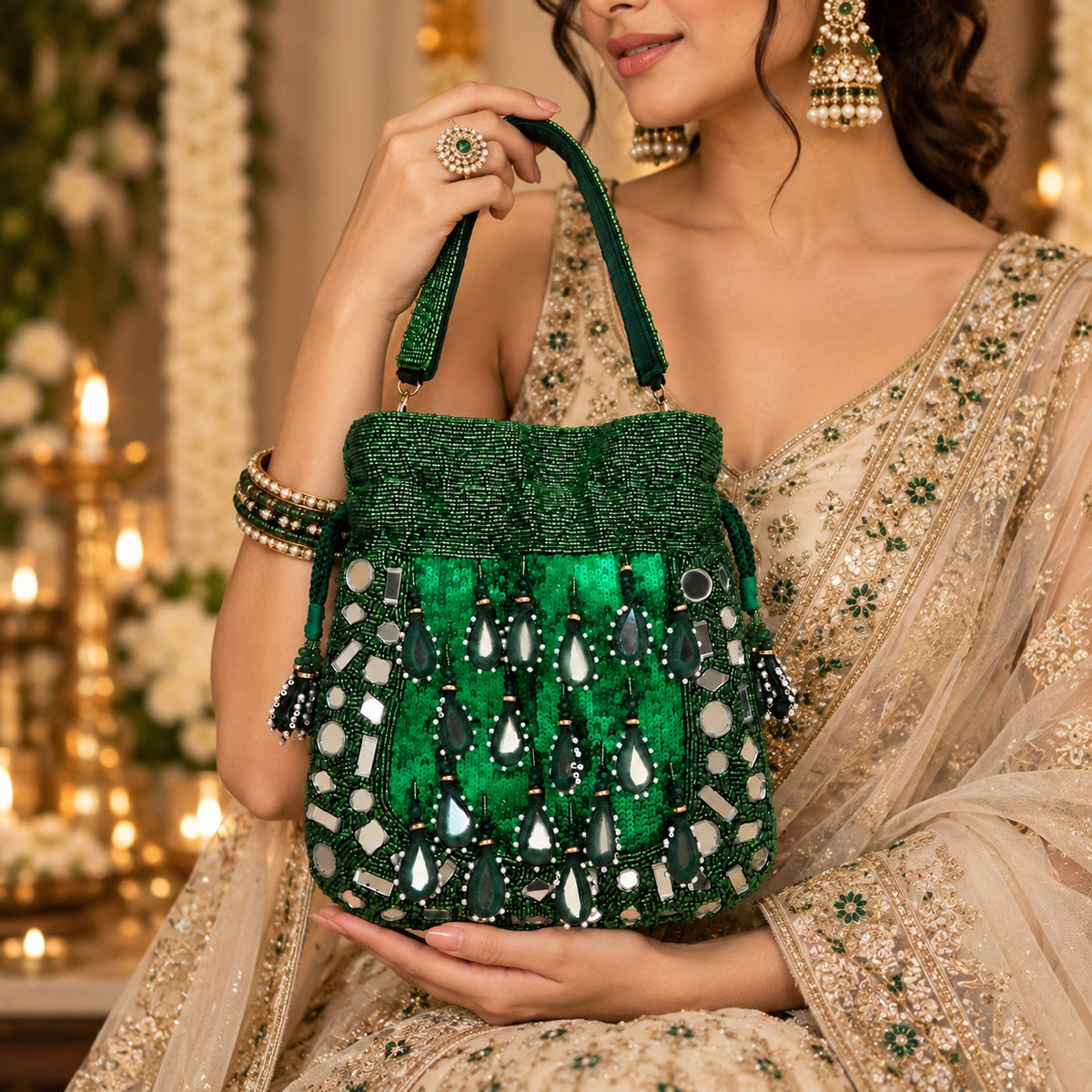 Emerald Green Beaded and Mirror work Potli
