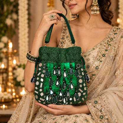 Emerald Green Beaded and Mirror work Potli