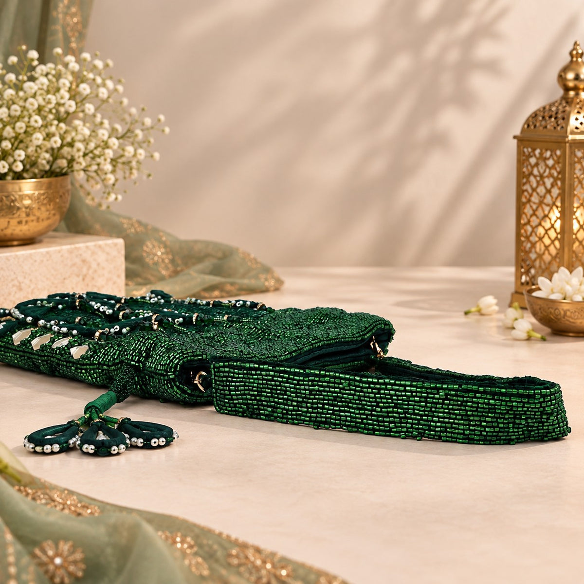 Emerald Green Beaded and Mirror work Potli