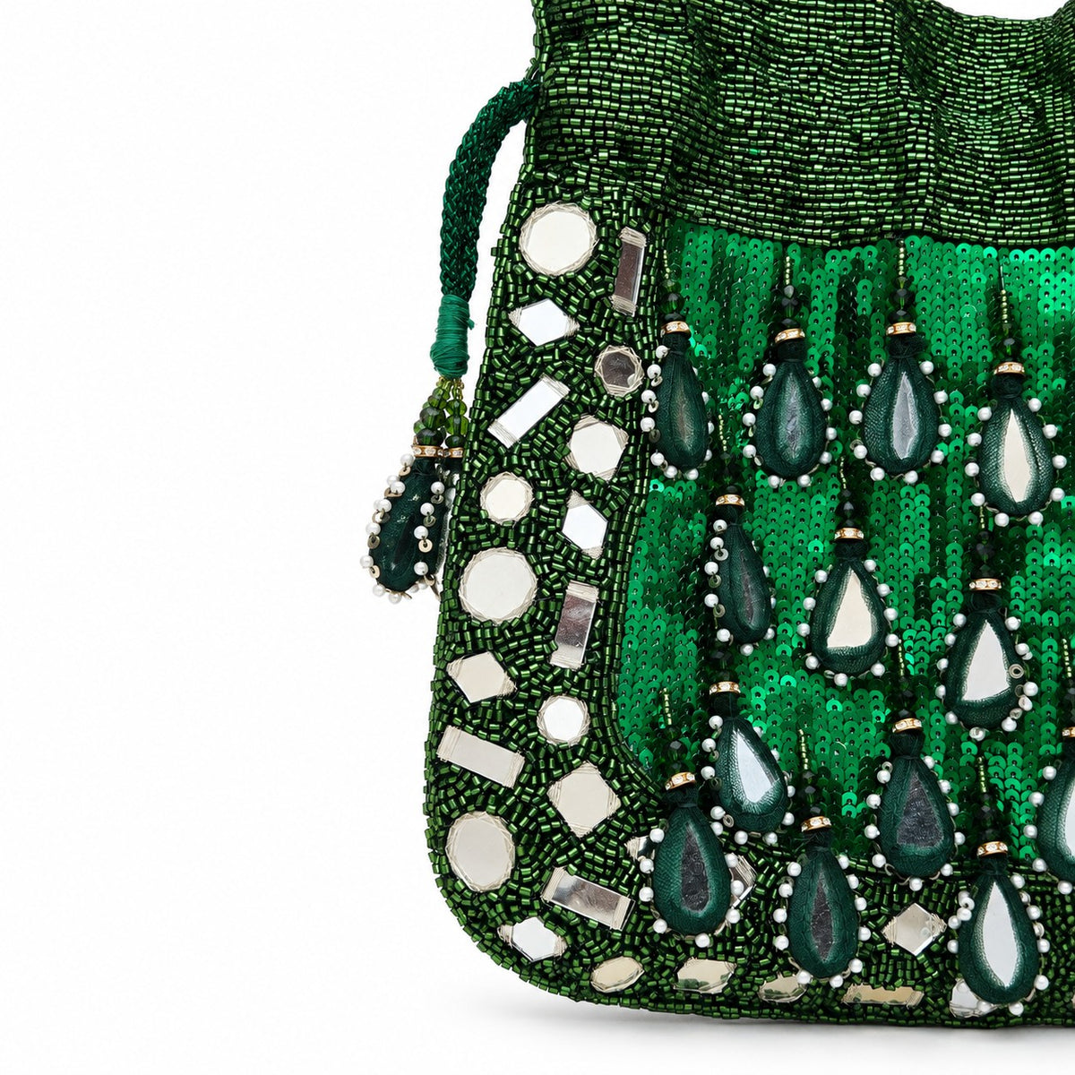Emerald Green Beaded and Mirror work Potli