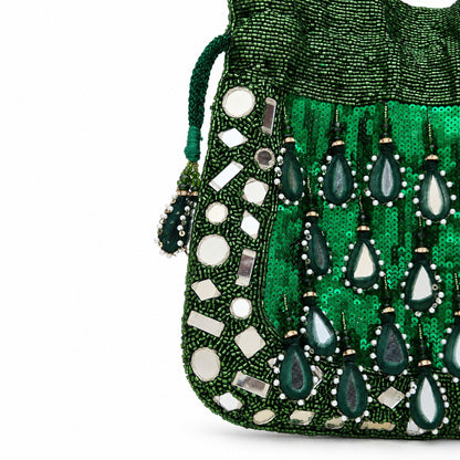 Emerald Green Beaded and Mirror work Potli