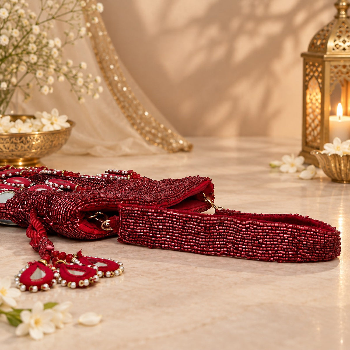 Ruby Beaded and Mirror work Potli