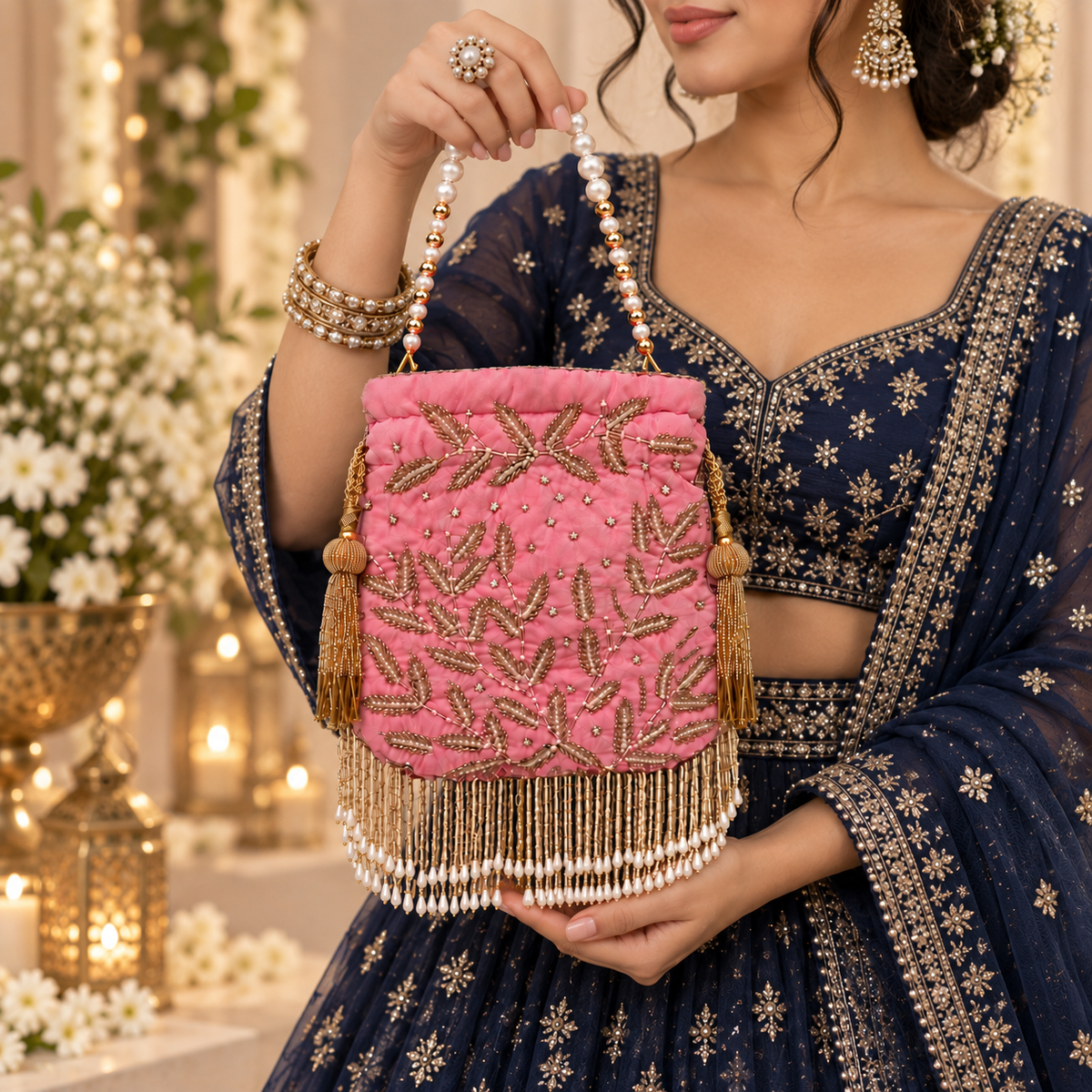 Pink Bead Embroidered Potli