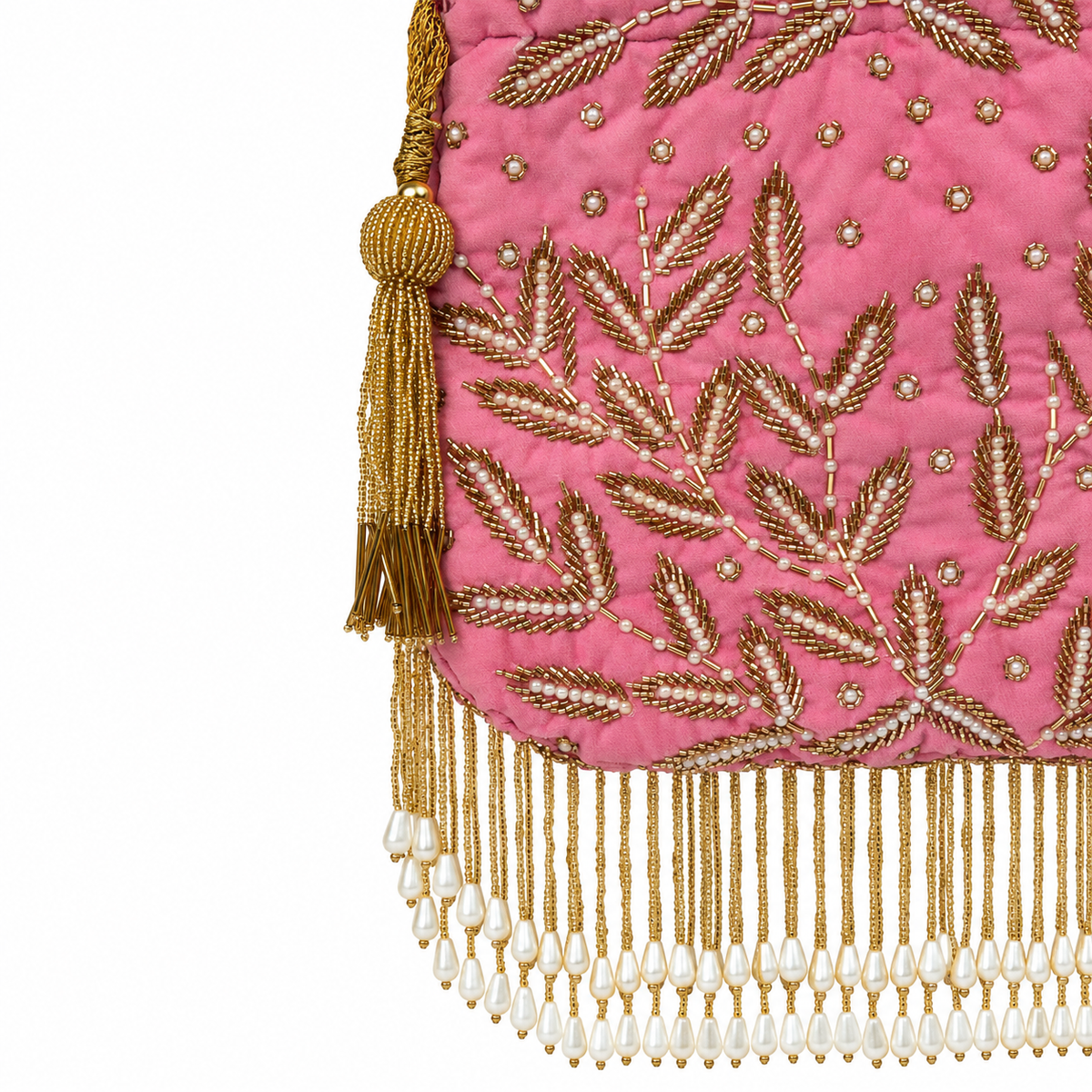 Pink Bead Embroidered Potli