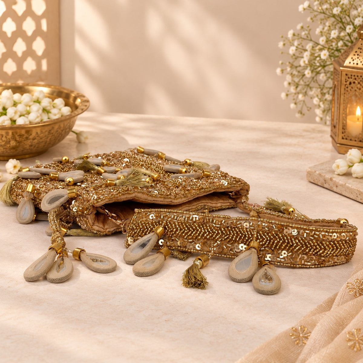 Golden Sequin and Mirror work Potli