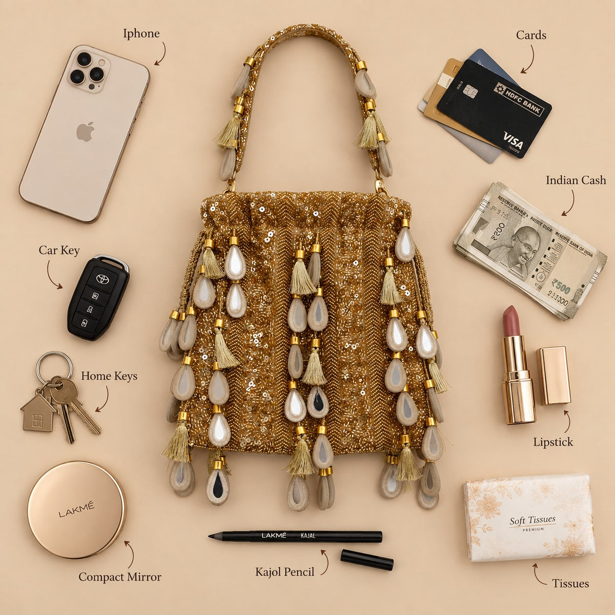 Golden Sequin and Mirror work Potli