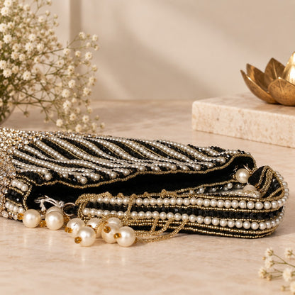Pearl-Embellished Black Bridal Potli