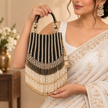 Pearl-Embellished Black Bridal Potli