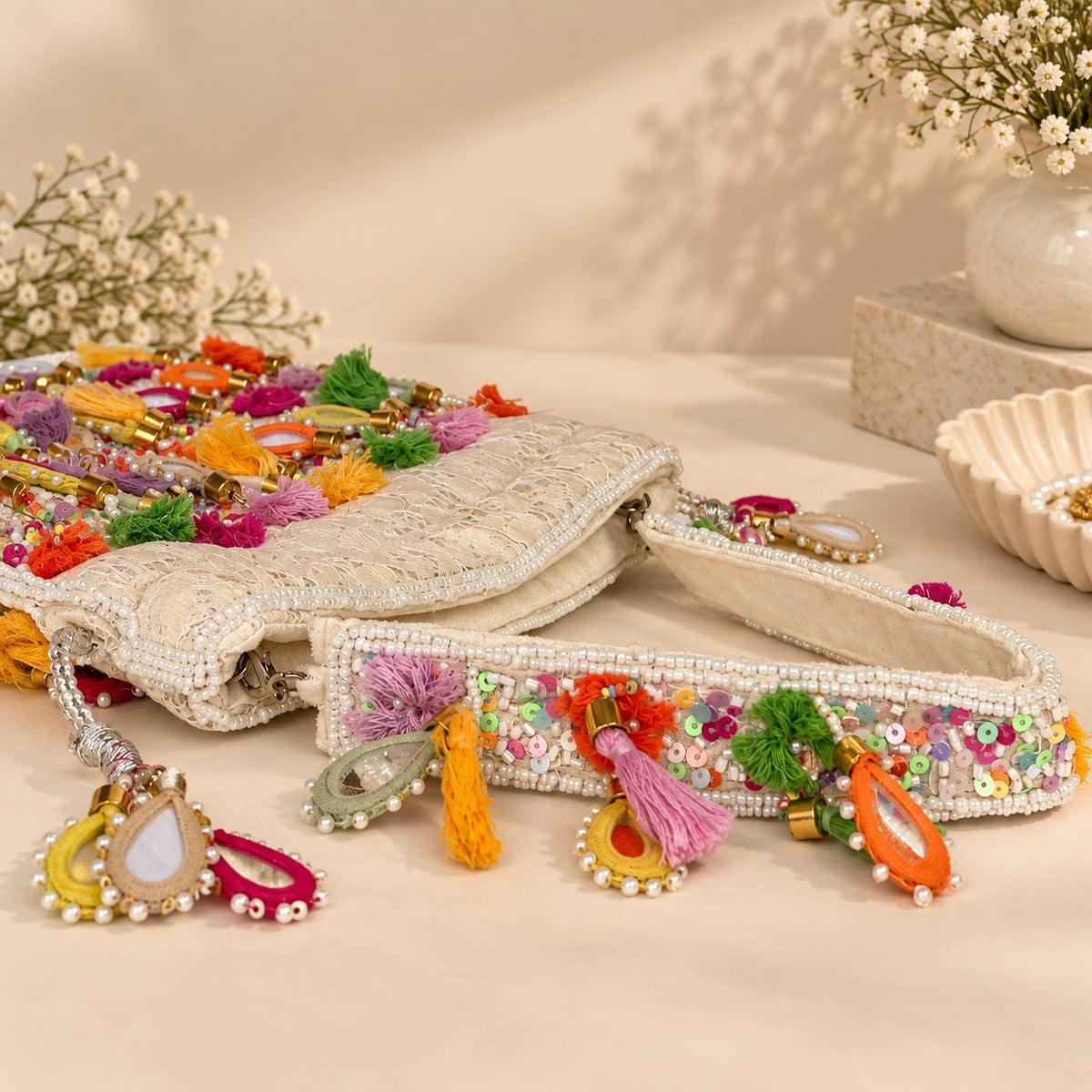 Embellished Lace and Mirror work Boho Potli