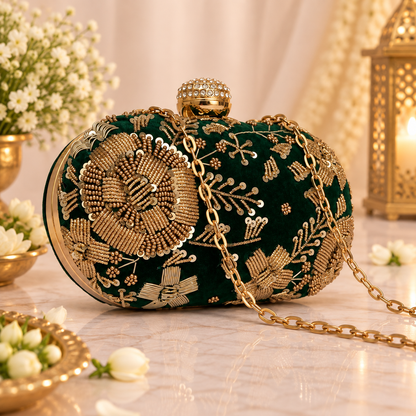 Emerald Gold Embroidered Bridal clutch