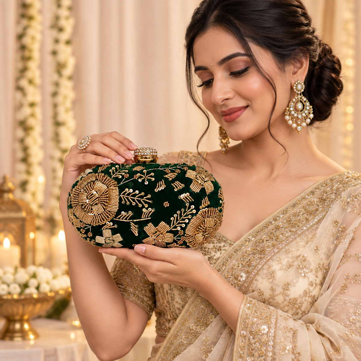 Emerald Gold Embroidered Bridal clutch