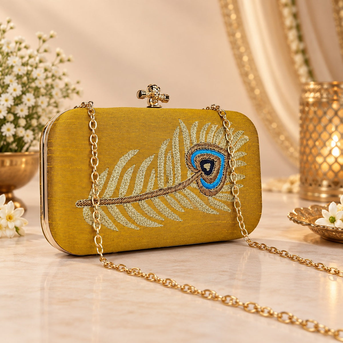 Golden Peacock Feather Clutch