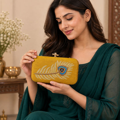 Golden Peacock Feather Clutch