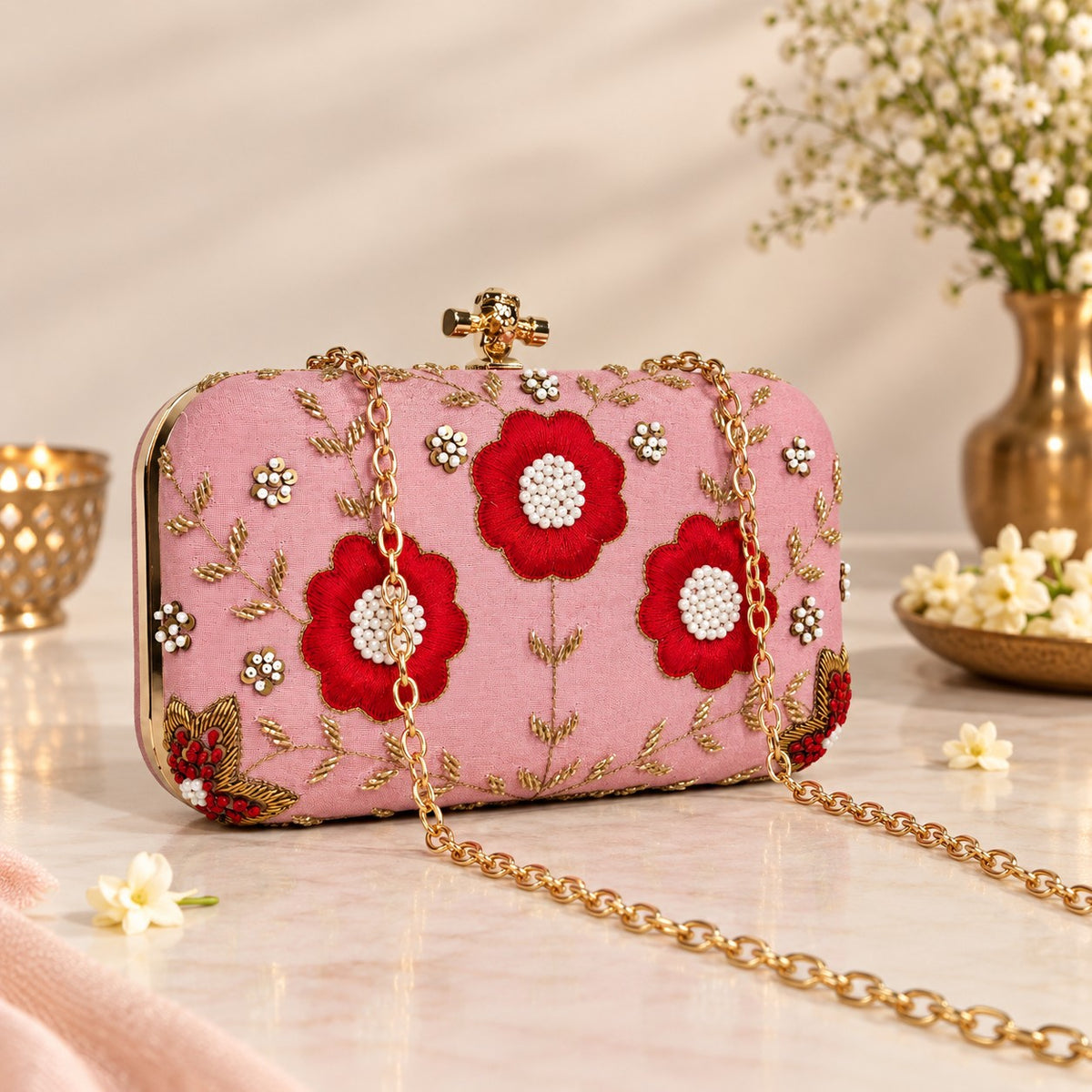 Pink Embroidered Clutch