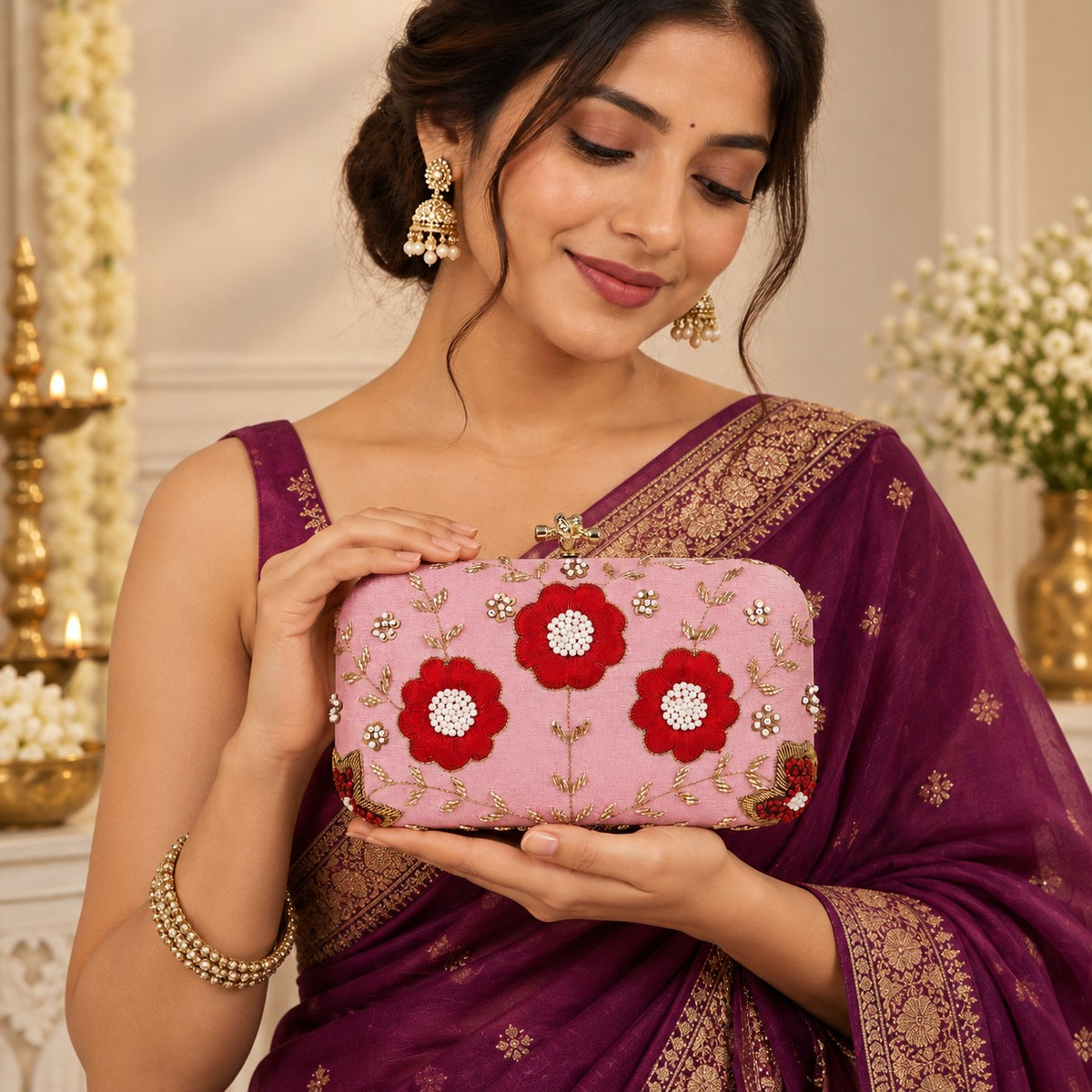 Pink Embroidered Clutch