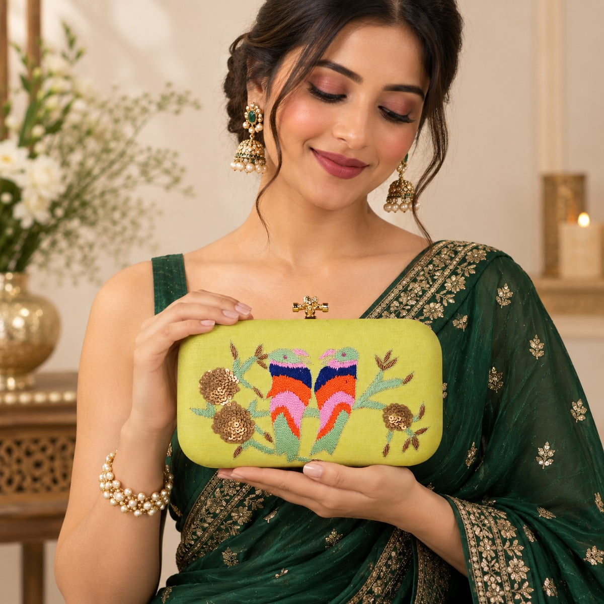 Embroidered Love Birds Clutch