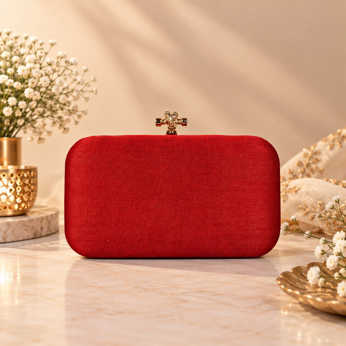 Embroidered Red Floral Clutch