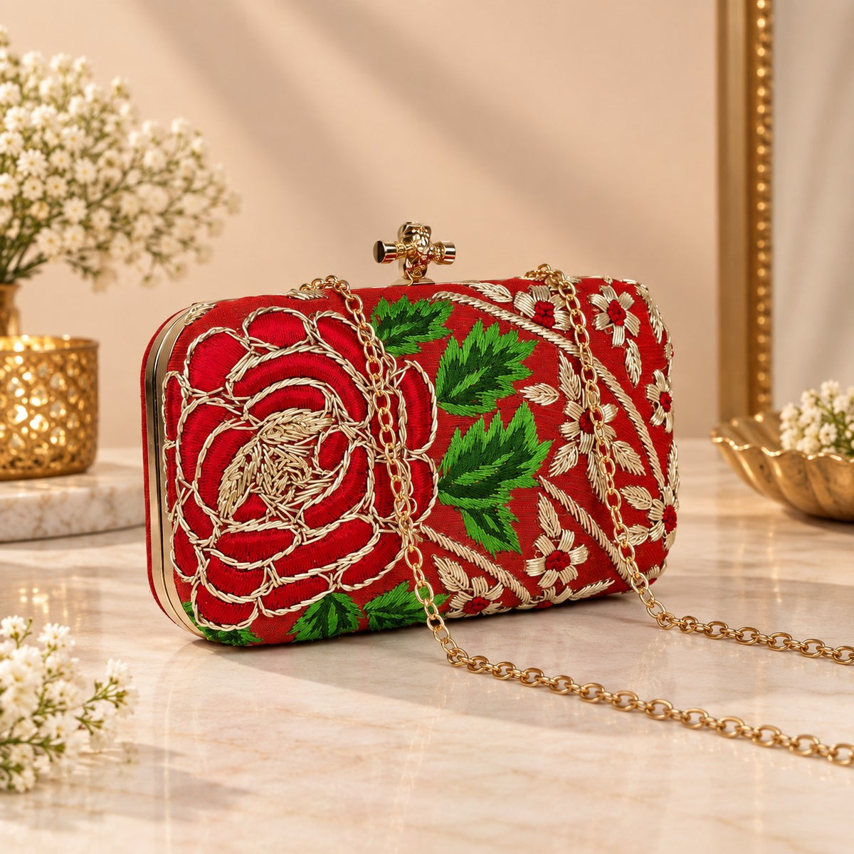 Embroidered Red Floral Clutch