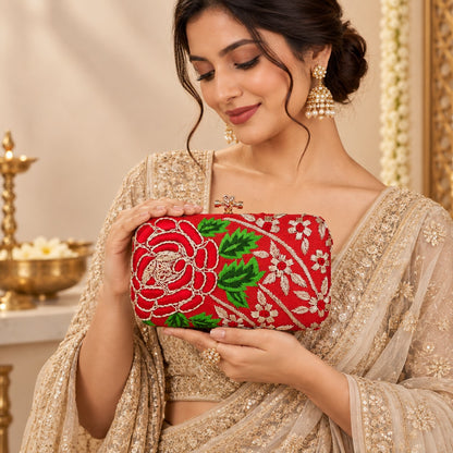 Embroidered Red Floral Clutch