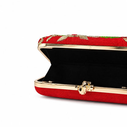 Embroidered Red Floral Clutch