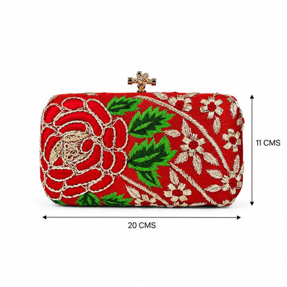Embroidered Red Floral Clutch