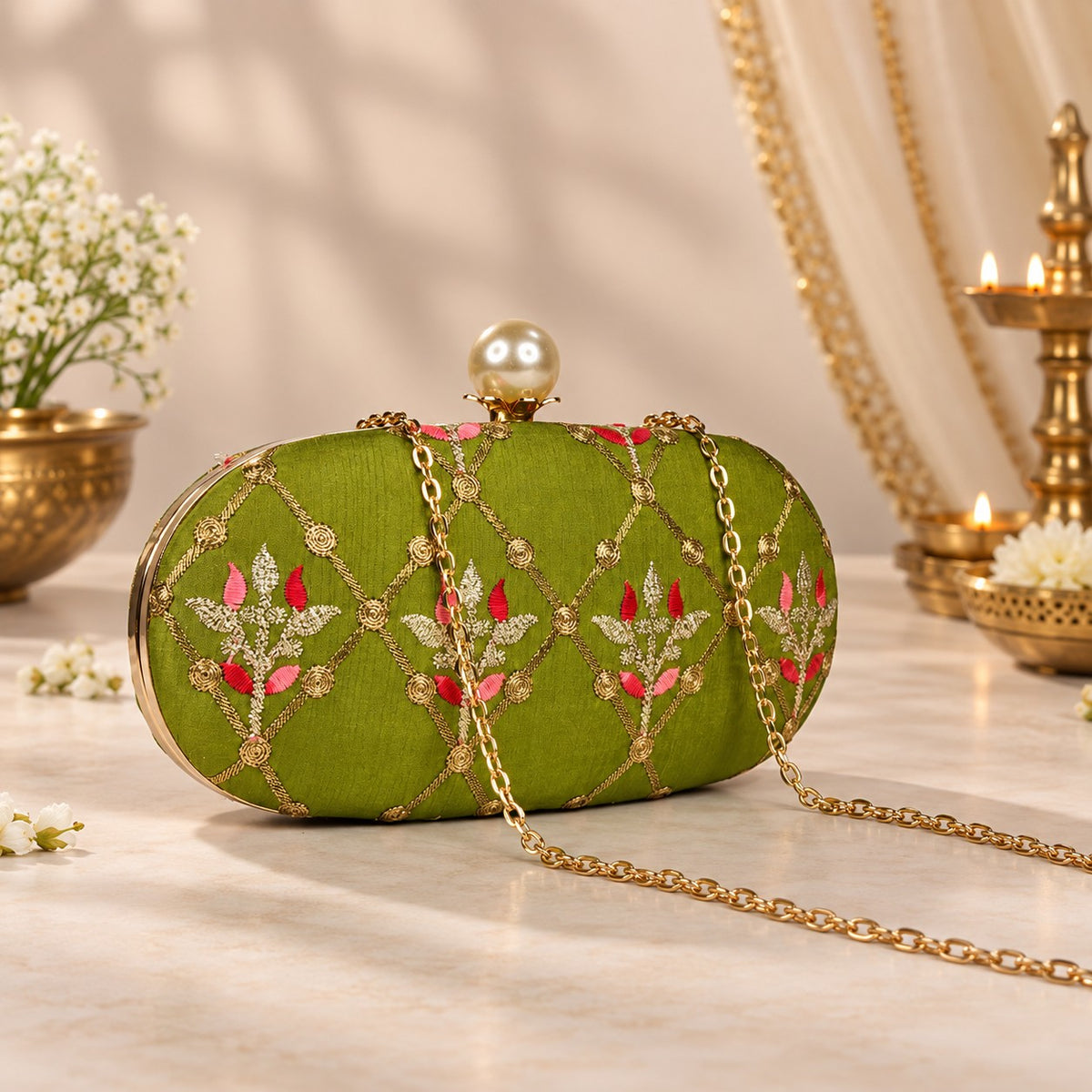 Embroidered Green Floral Clutch