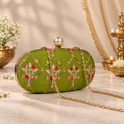 Embroidered Green Floral Clutch