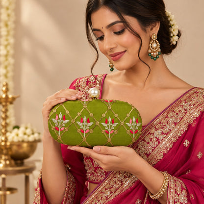 Embroidered Green Floral Clutch