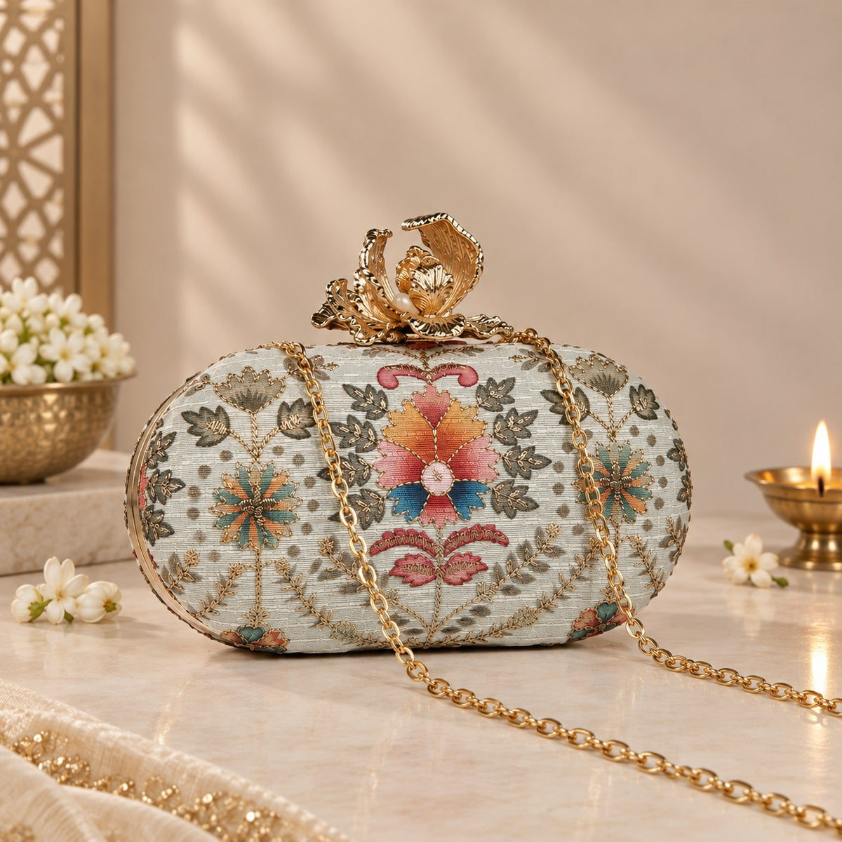 White Floral Bridal Clutch