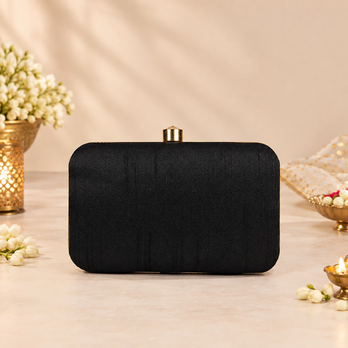 Embroidered Black and Gold Floral Clutch