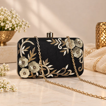 Embroidered Black and Gold Floral Clutch