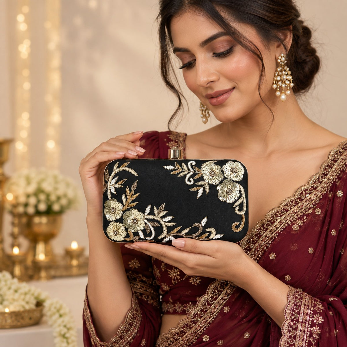 Embroidered Black and Gold Floral Clutch