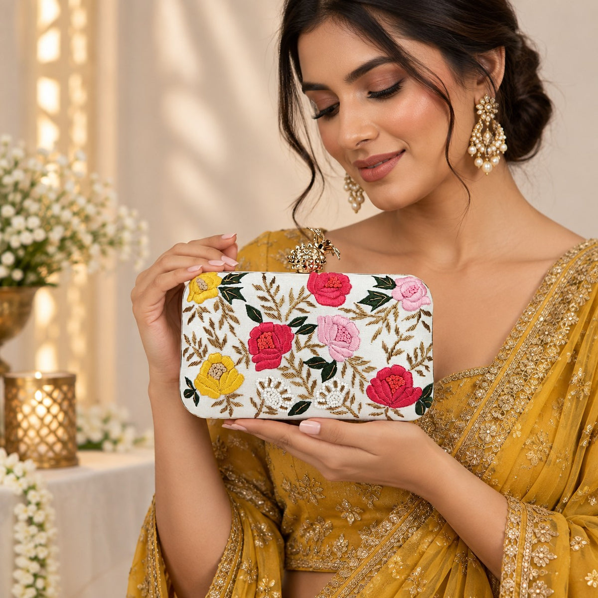 White Embroidered Floral Clutch
