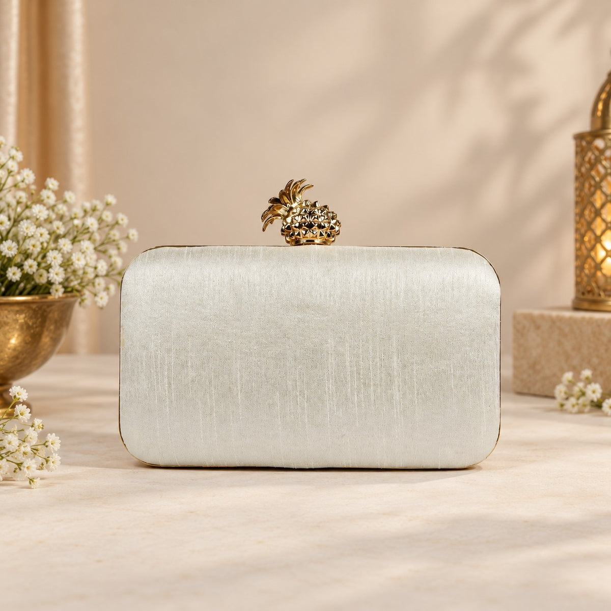 White Embroidered Floral Clutch