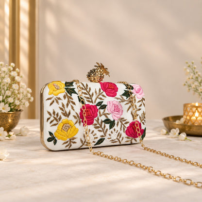 White Embroidered Floral Clutch