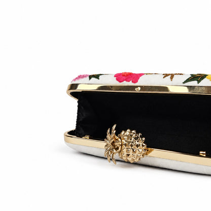 White Embroidered Floral Clutch