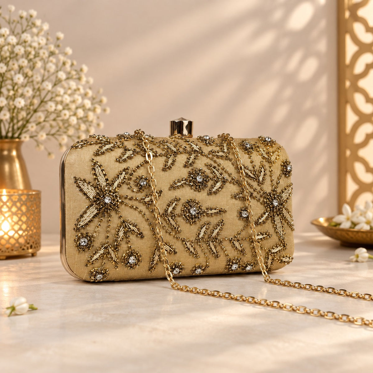 Embellished Gold Floral Clutch