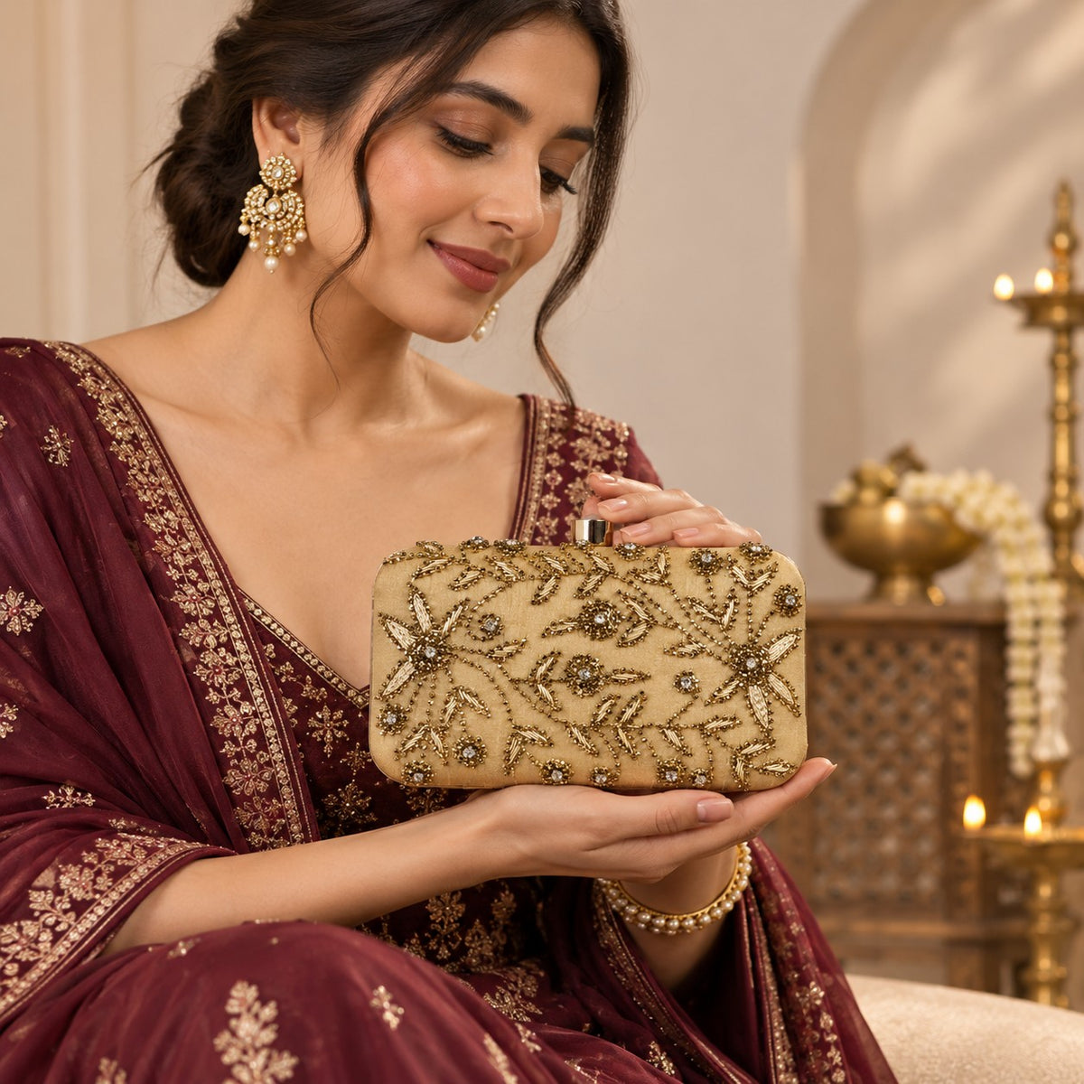 Embellished Gold Floral Clutch