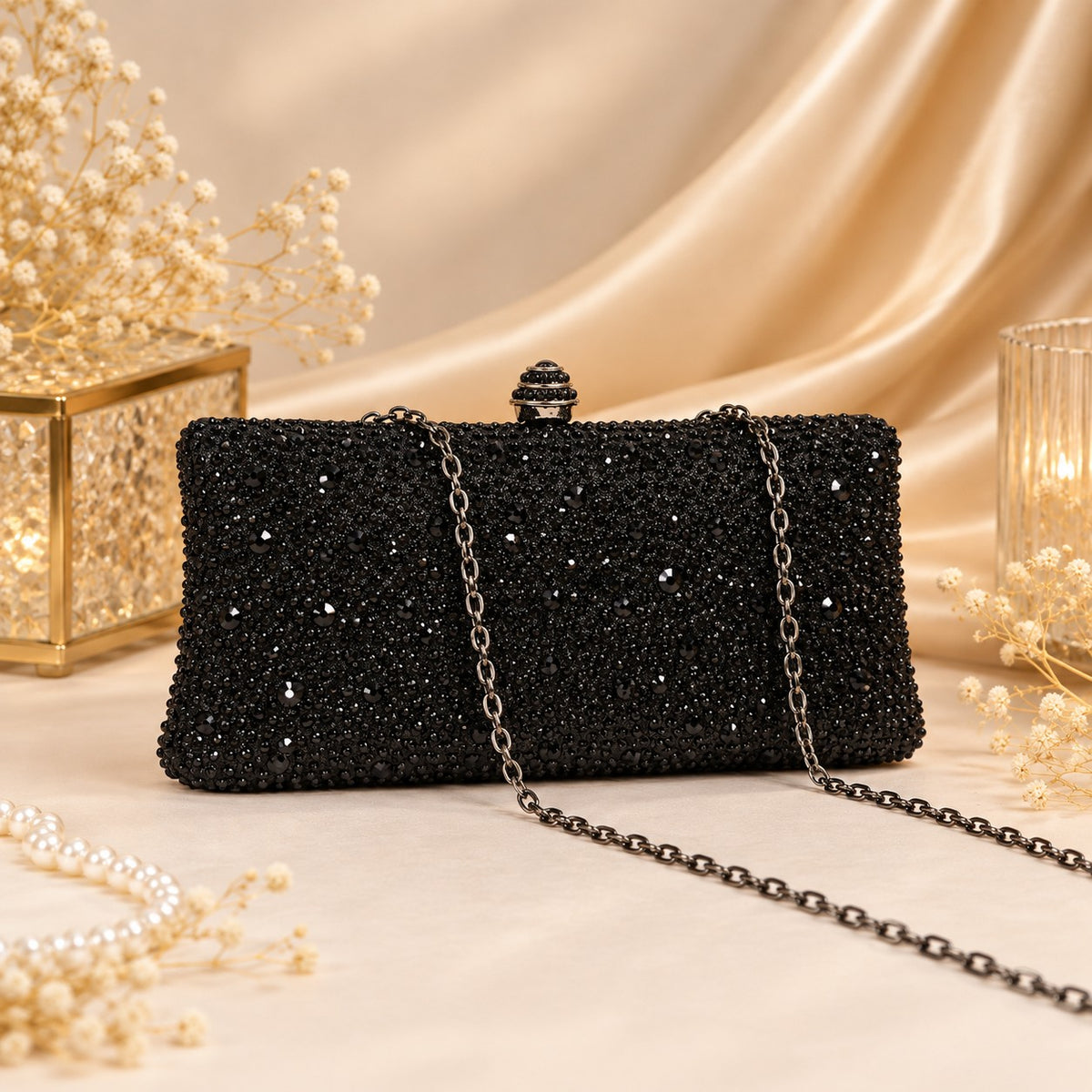Midnight Black Crystal Clutch