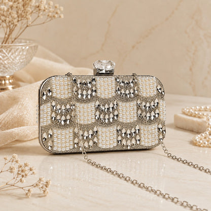 White and Silver Checkerboard Pearl Clutch