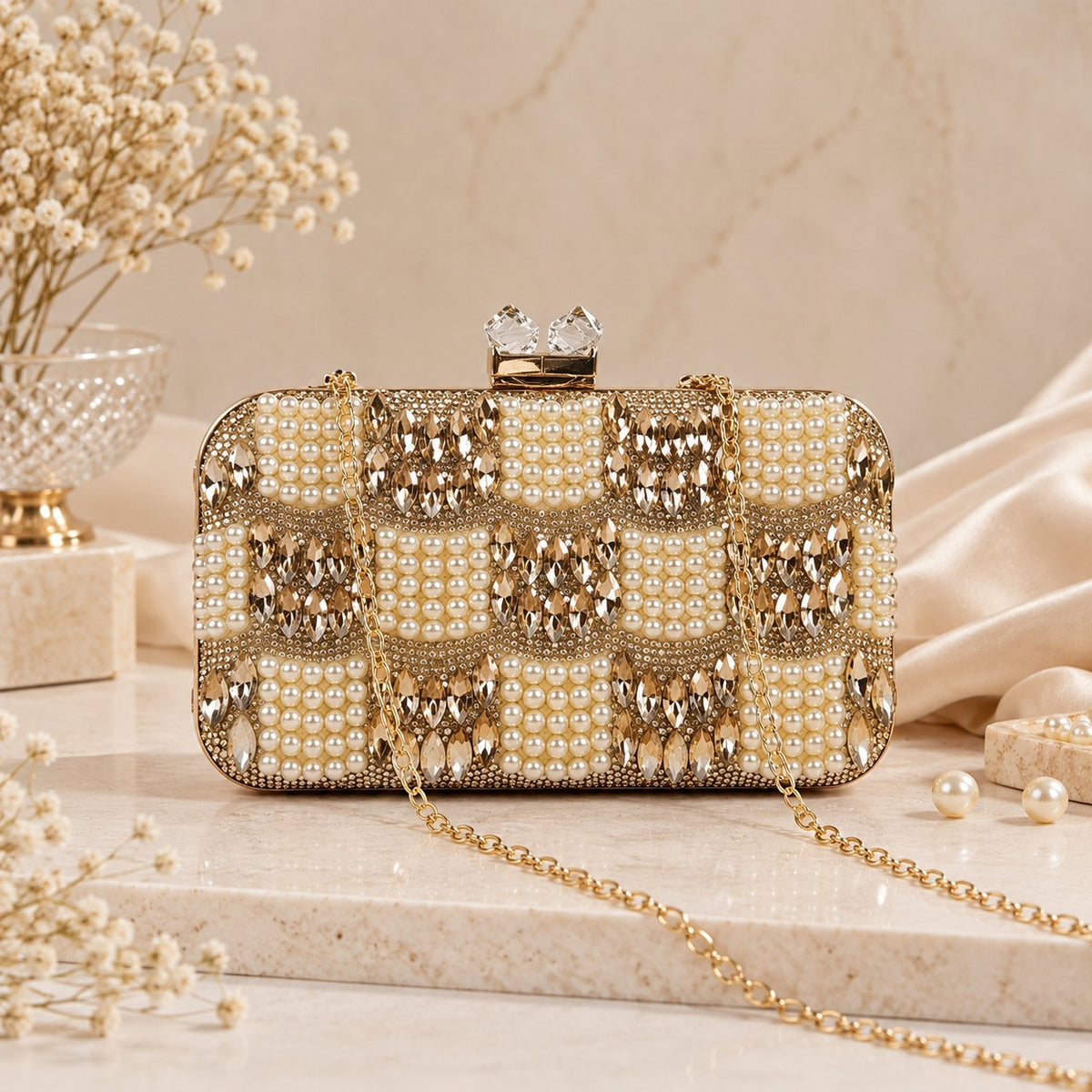 Champagne Checkerboard Pearl Clutch