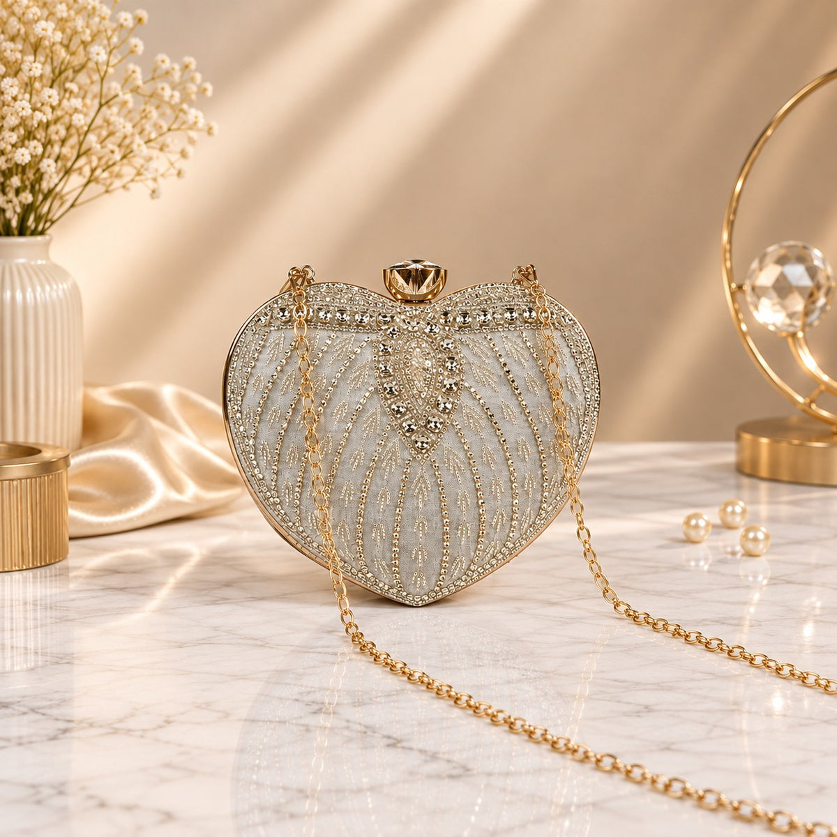 Silver Heart Crystal Clutch