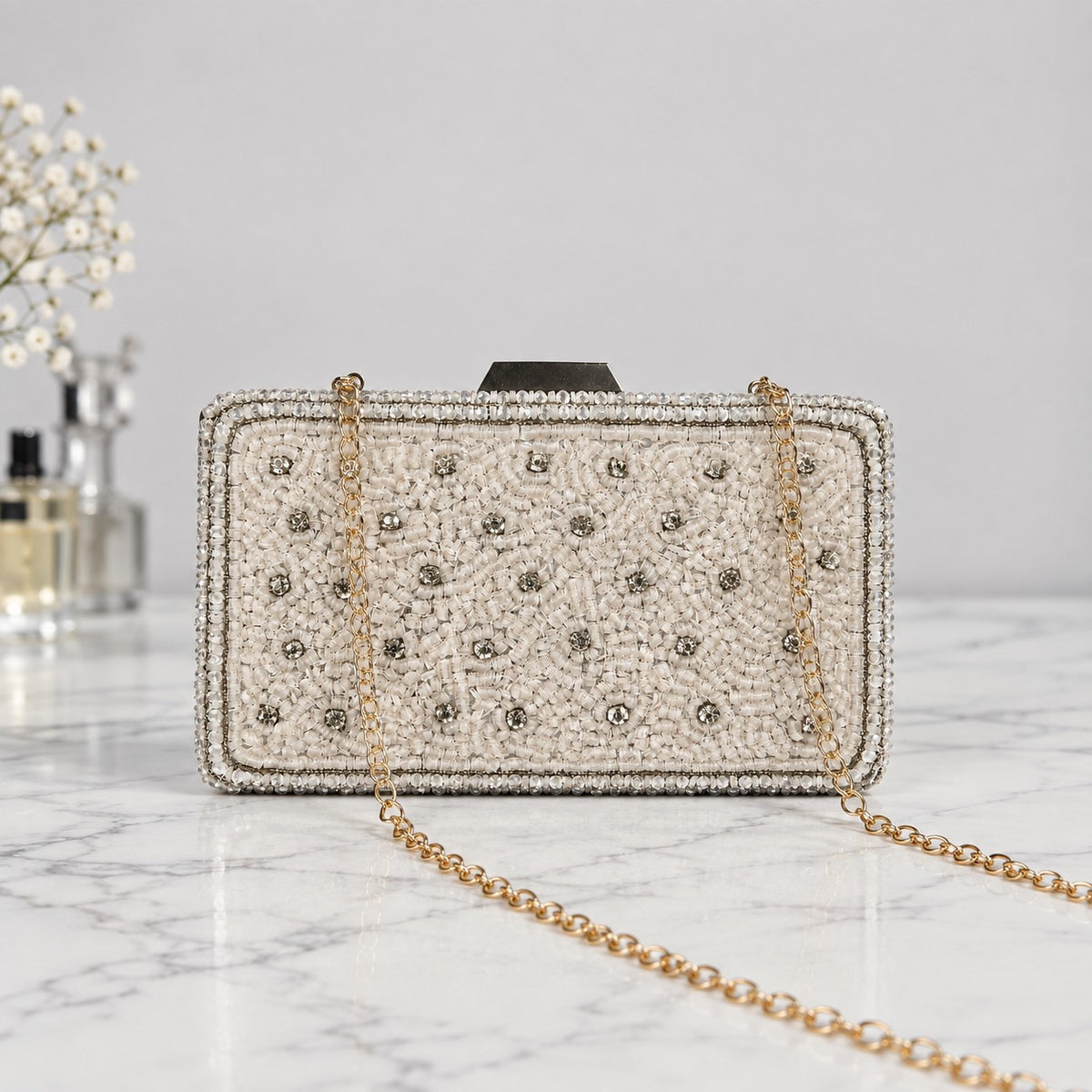 Silver Scatter Pearl Box Clutch