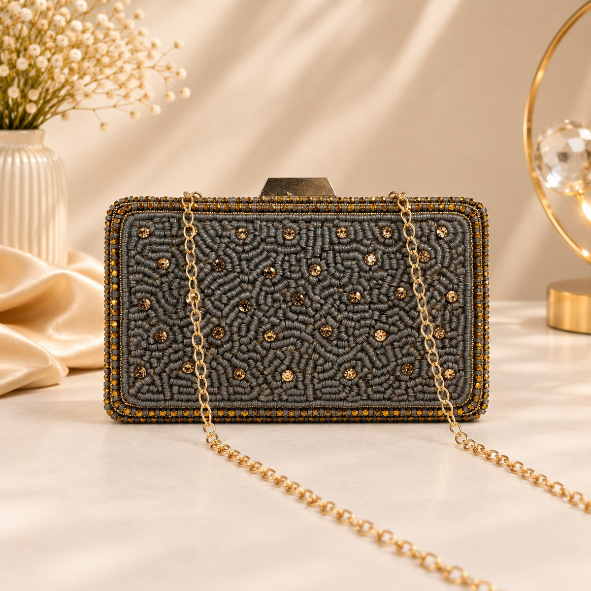 Brown Scatter Pearl Box Clutch