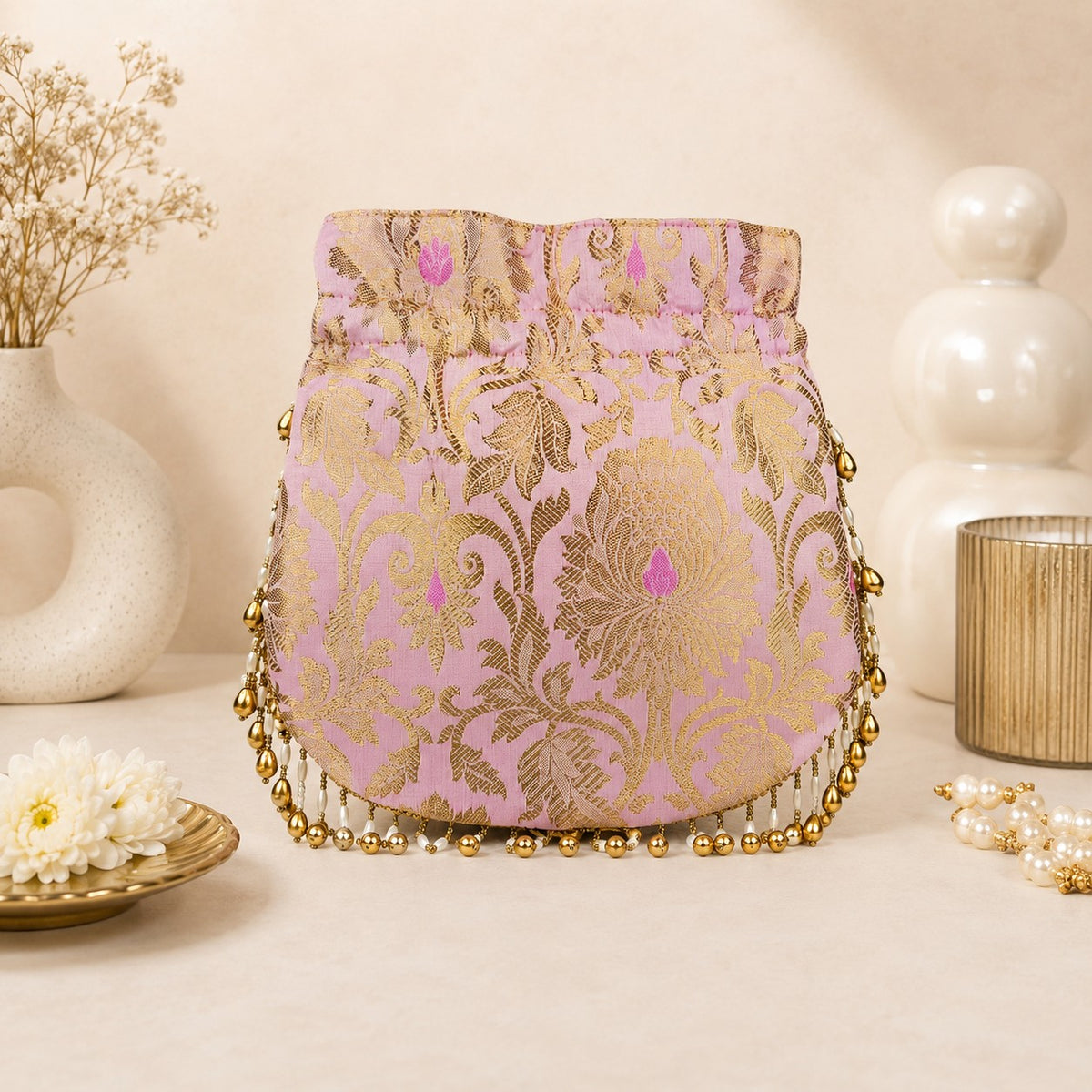 Blush Pink Brocade Potli