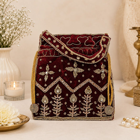 Maroon Gold Beaded Potli